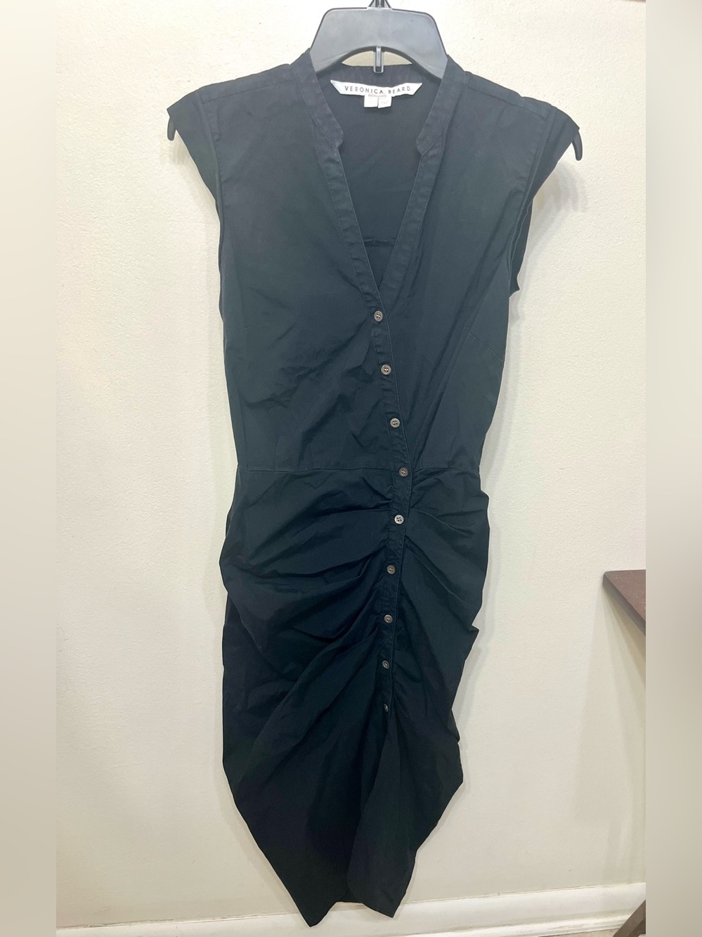 Veronica Beard Black Button-Front Ruched Midi Dress